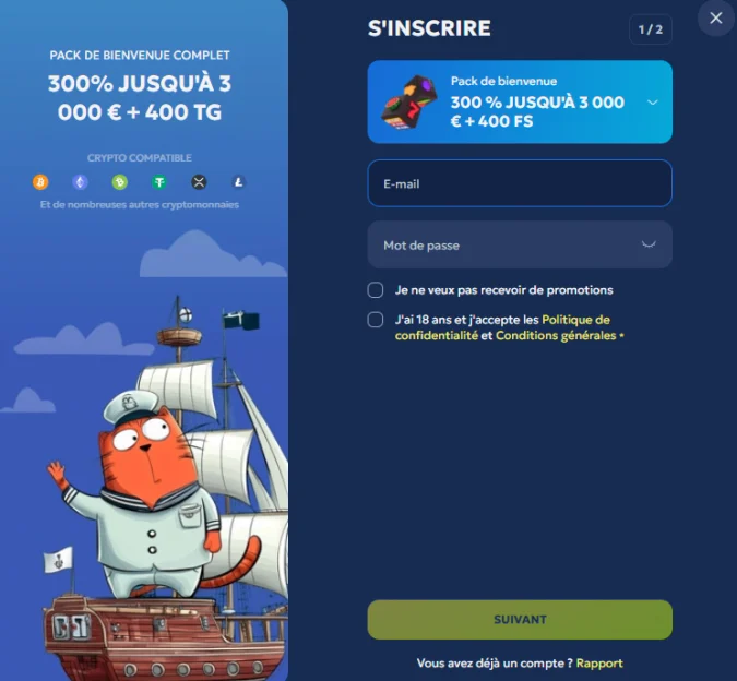 Formulaire d'inscription Galleon Casino avec bonus de bienvenue de 300 % et paiements en cryptomonnaies